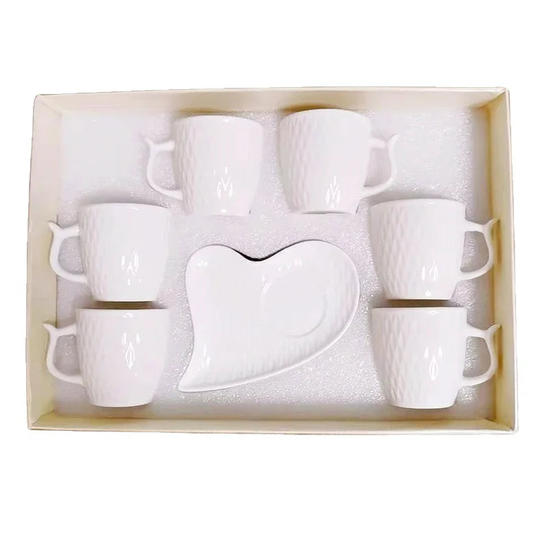 Wholesale White Ceramic Six-Cup and Saucer Turkish Coffee & Tea Sets for Giveaways with Gift Box