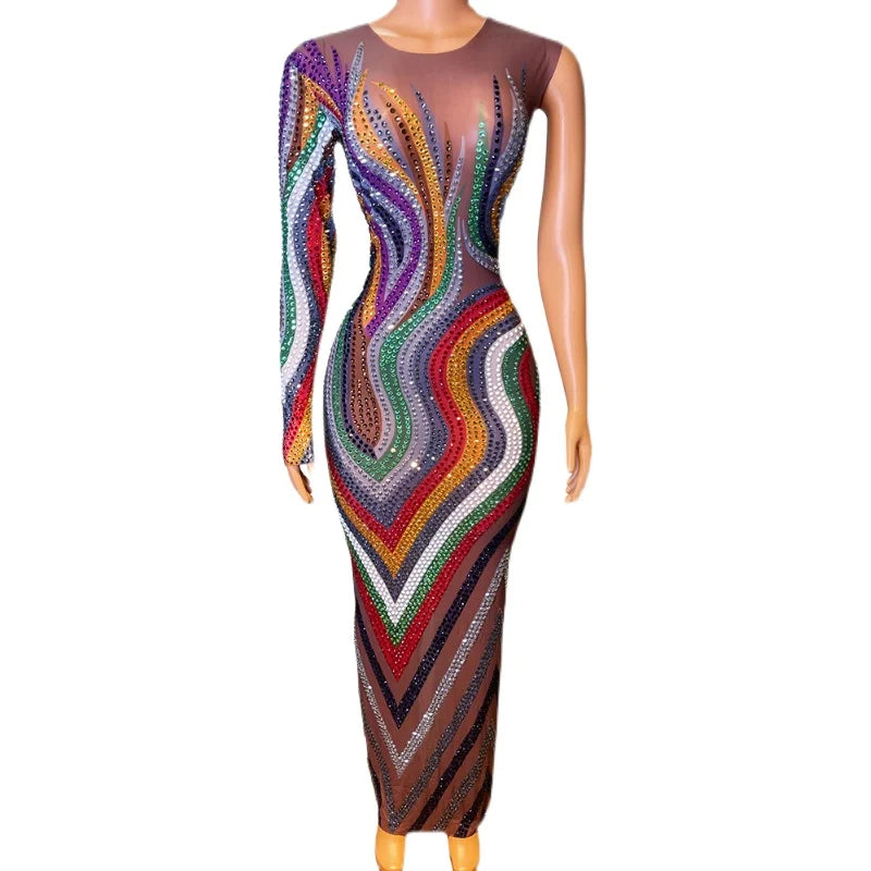 Luxury Singer Dress Birthday Celebrate Bling Crystal One Piece Print Clothing One-shoulder High Split Club Stage Sequin Dresses