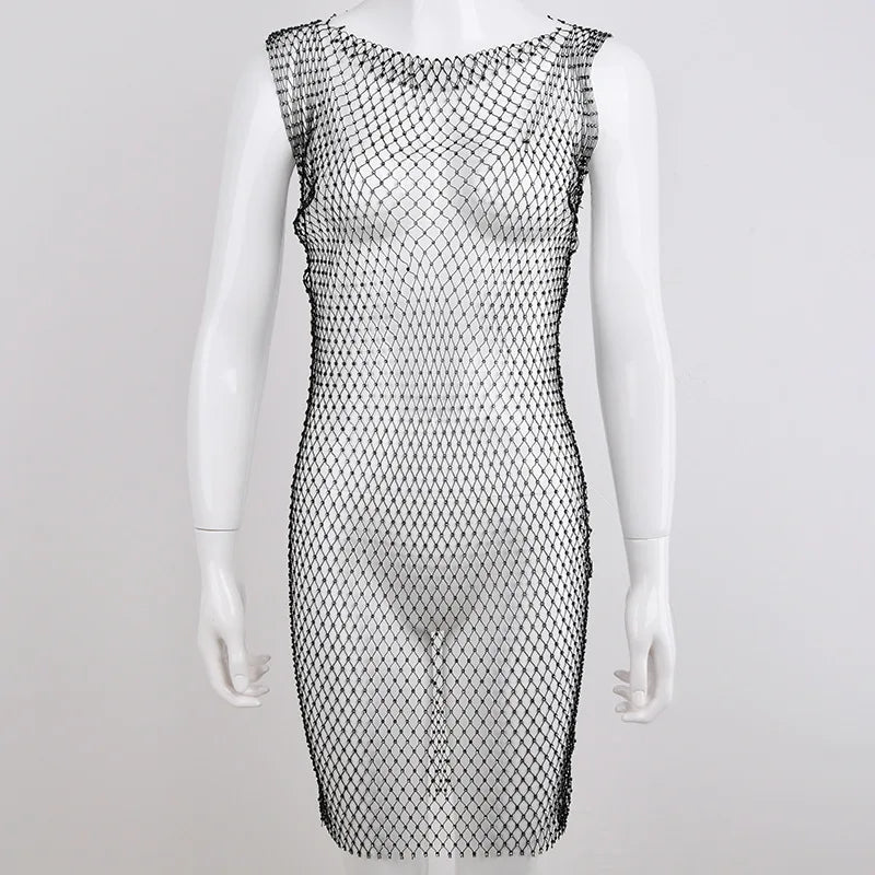 Hot-selling Women's New Mesh Flash Diamond Round Neck Dress