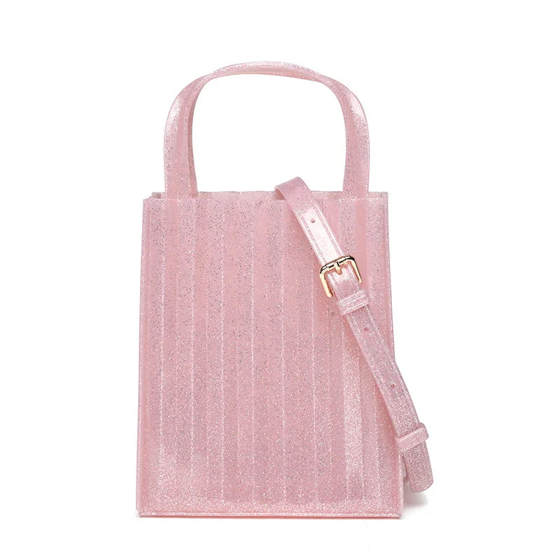 New PVC High-end Jelly Bag Women's Pleated Semi Transparent Square Tote Bag Fashion Ladies Large Capacity Shiny Crossbody Bag