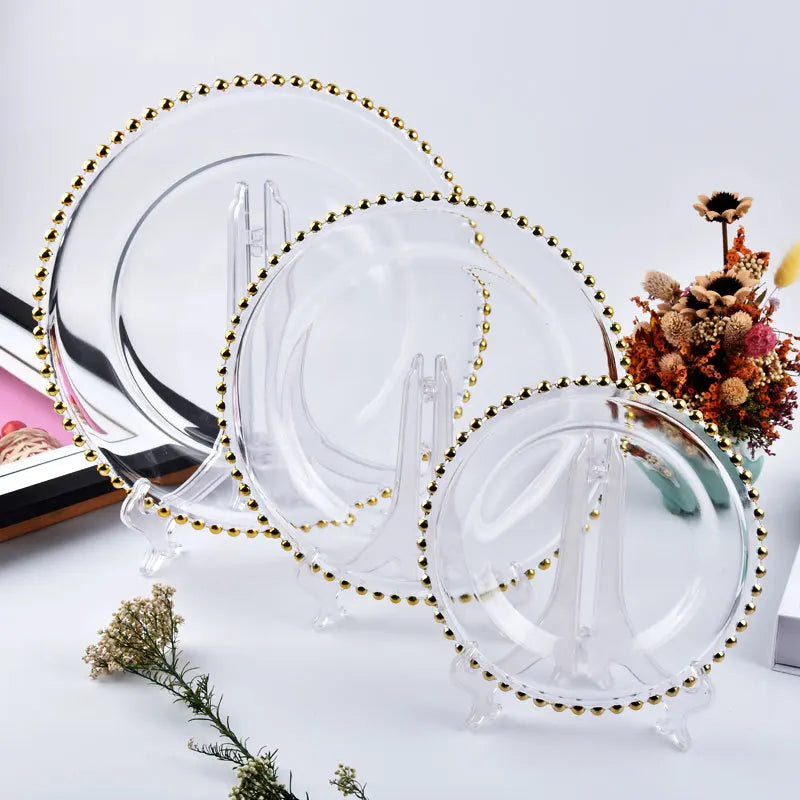 Western Style Creative Personality glassware Kitchen Gold Pearl Beaded Plate Glass Plates