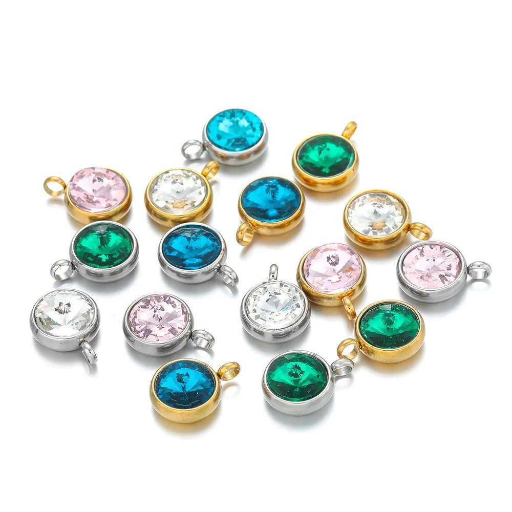 10pcs Fashion Stainless Steel Round Zircon Charms Pendants for Necklace Making Earrings Findings DIY Jewelry Accessories