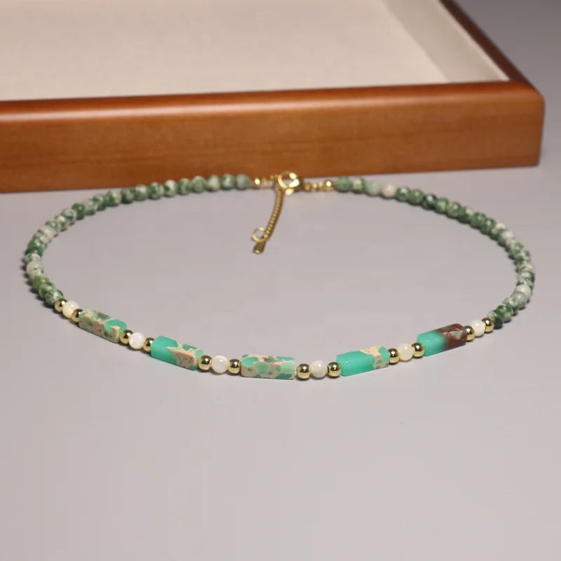 Vintage Green Dot Stone Necklace for Men Women Natural Stone Column Shoushan Stone Beaded  Choker Jewelry Gift Wholesale