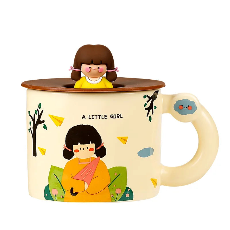 Solhui Cartoon Retro Girl Ceramic Coffee Mug with Silicone Lid Creative Office Coffee Mug