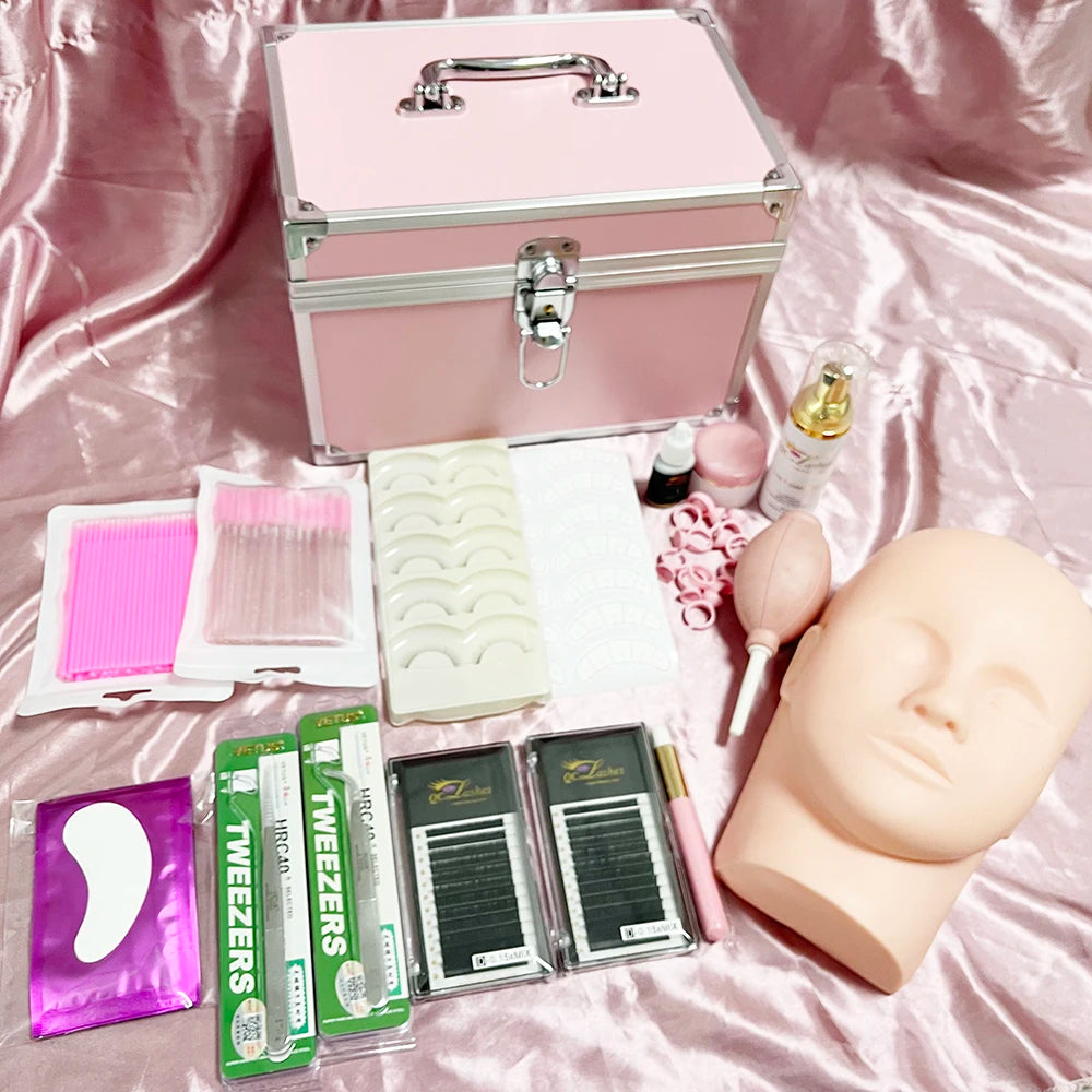 QC Lash Practice Starter Lash Kits Eyelash Extension Training Kit pink Black Makeup Bag Eyelash Extension Beginner Lash Kits