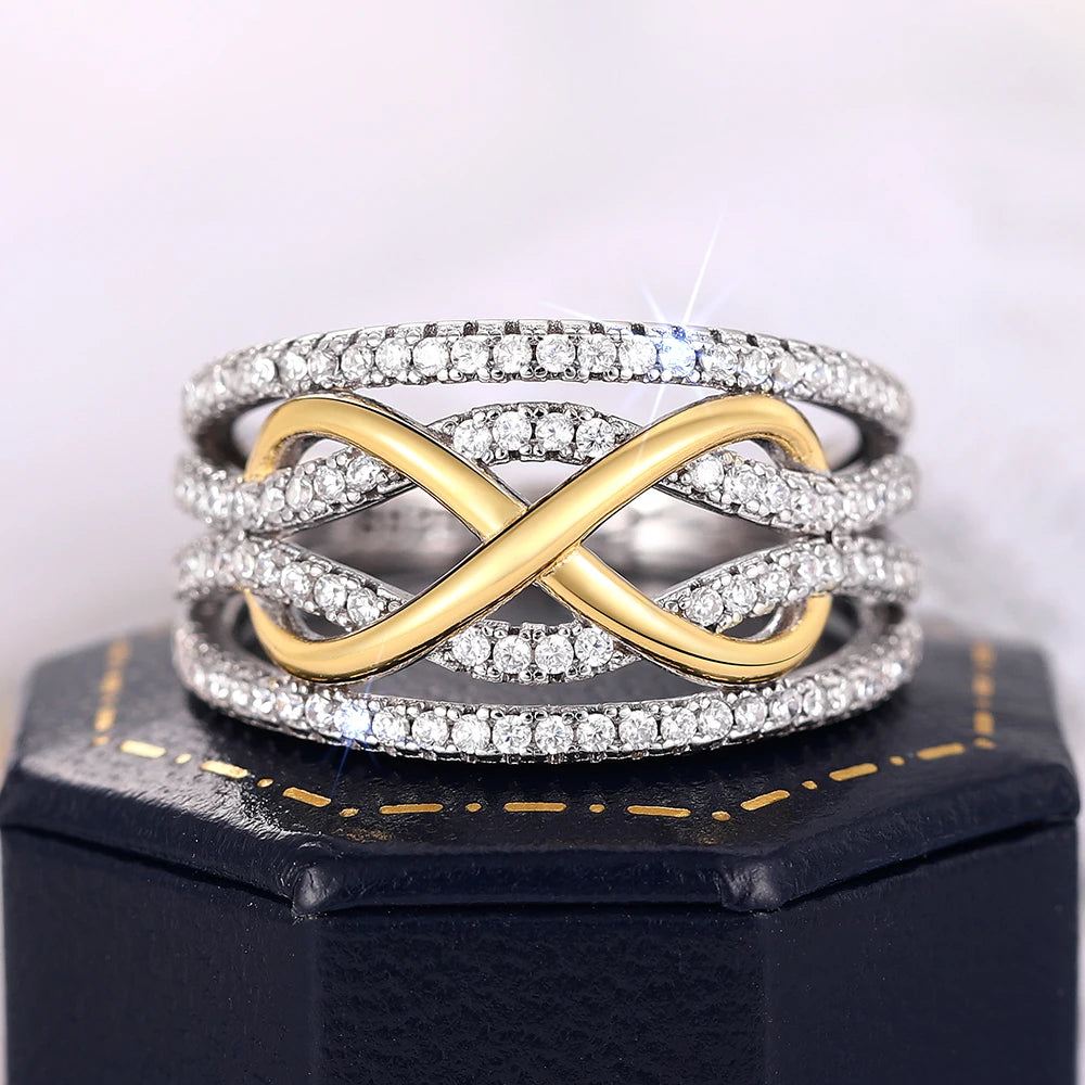 Huitan S925 Silver Rings for Fashion Infinity Pattern Design Two Tone Plated Imitated Moissanite Wedding Rings Sterling Silver