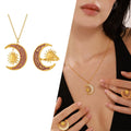 Waterproof No Fading Stainless Steel 18K Gold Plated Geometric Star Moon Pendant Necklace Opening Ring Inlaid Zircon Jewelry Set