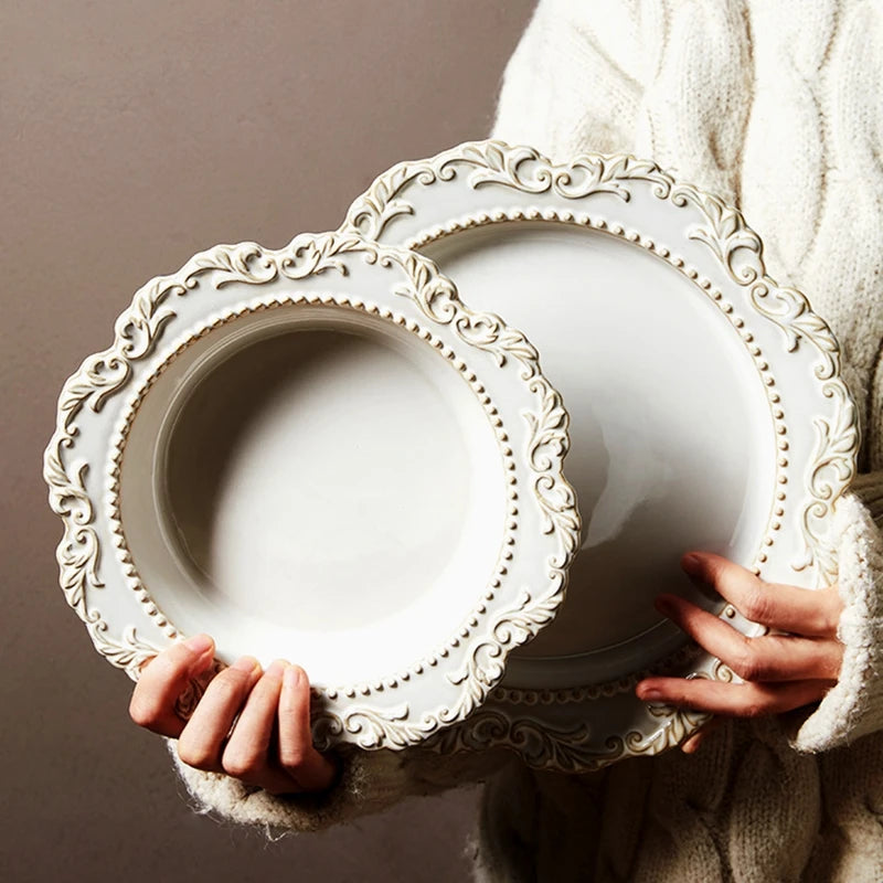 French Embossed Ceramic Dinner Plate Courtly Style Western Food Pasta Soup Fruit Salad Steak Serving Plate Restaurant Tableware