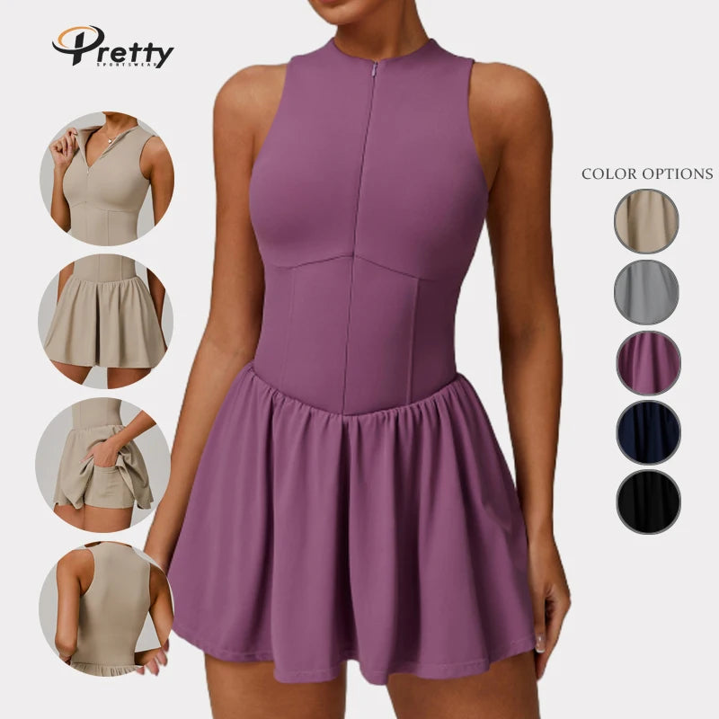 Wholesale Yoga Gym Tennis Skirts Half Zipper Sleeveless High Elastic Fitness Soft Breathable Workout Good Material Sportswear.