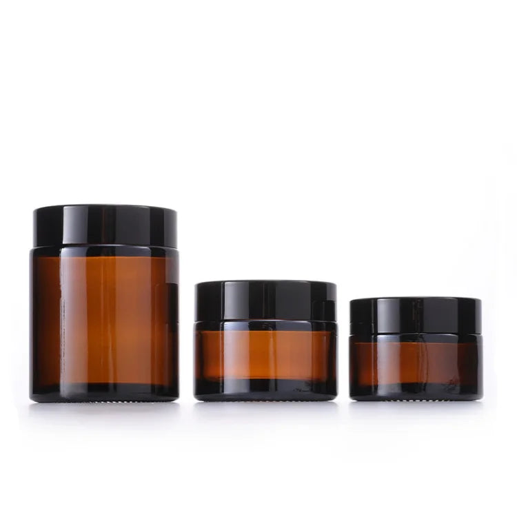 30g 100g Amber Round Glass Cosmetic Jar with Screw Black Lid | Empty Refill Face Hand Cream Skincare Amber Glass Jar with Lid
