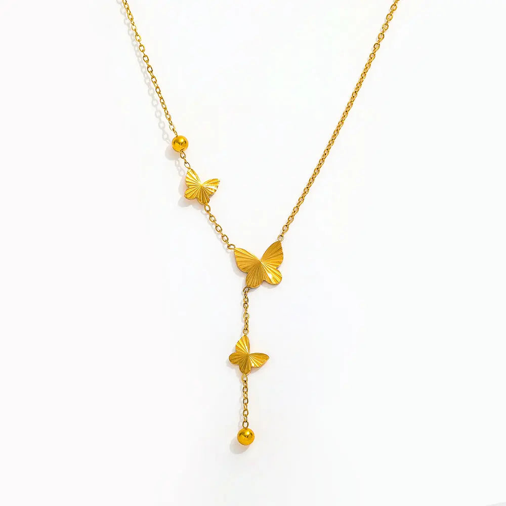 Joolim Jewelry 18K Gold Plated Dainty Burst Butterfly Pendant Tassel Choker Necklace Stainless Steel Jewelry Wholesale