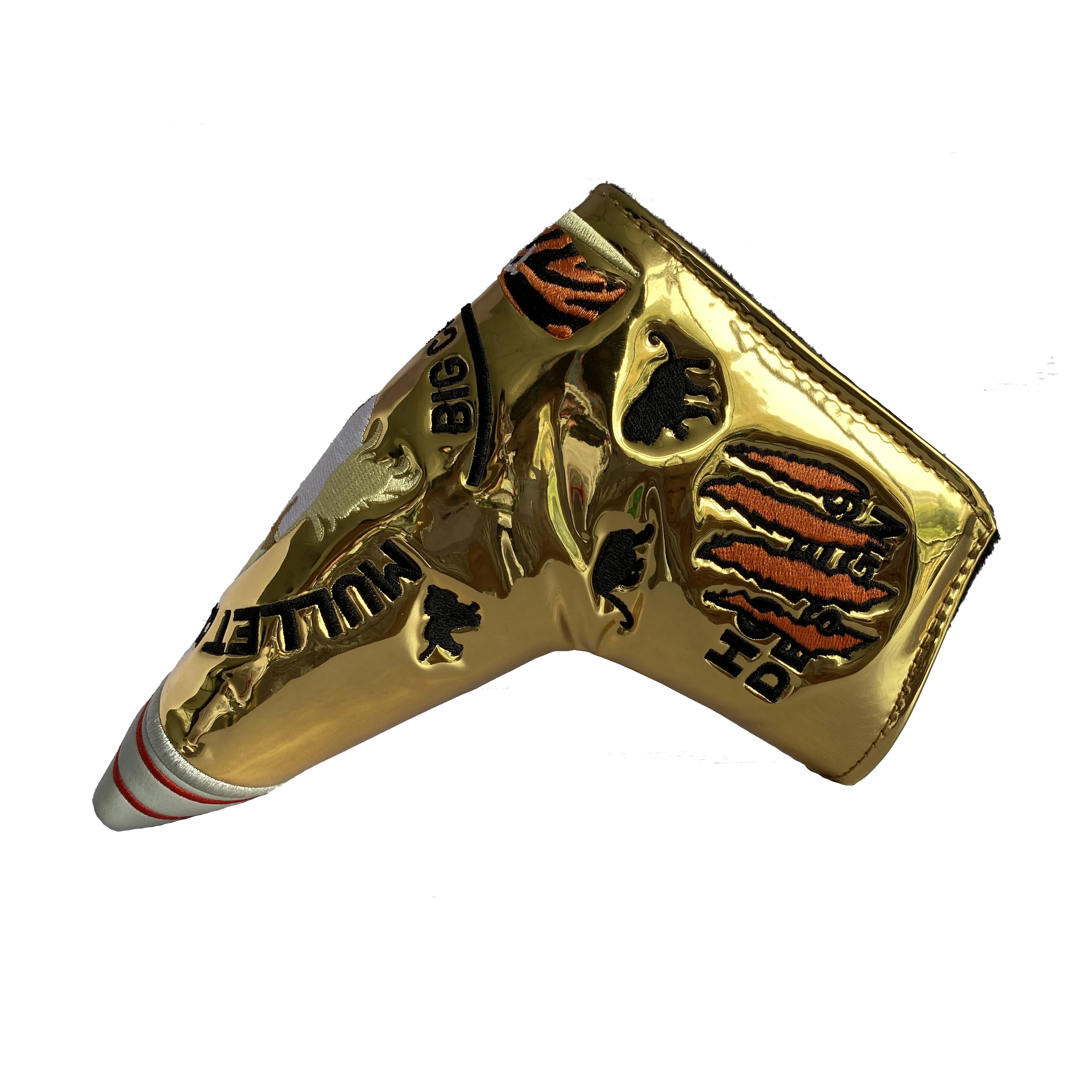 Yopral Custom Embroidered Tiger Shark Logo Premium Gold PU Leather Durable Waterproof Rain Magnetic Cover Golf Putter Head Cover