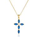 Original Marquise Sapphire Blue Zircon Cross Pendant Clavicle Chain Necklace 925 Sterling Silver Gold Plated Jewelry for Women