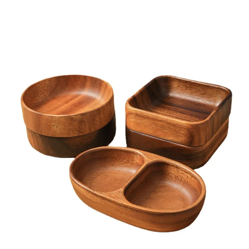 Classic Eco-Friendly Hollowed-out Whole Wood Black Walnut Bowl Round Stackable Tray for Dried Fruit Plate