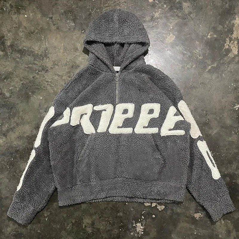 Salati Manufacturer Custom Logo Zipper Winter Fleece Wool Warm Oversized Embroidery Applique Patch Sherpa Hoodie for Men