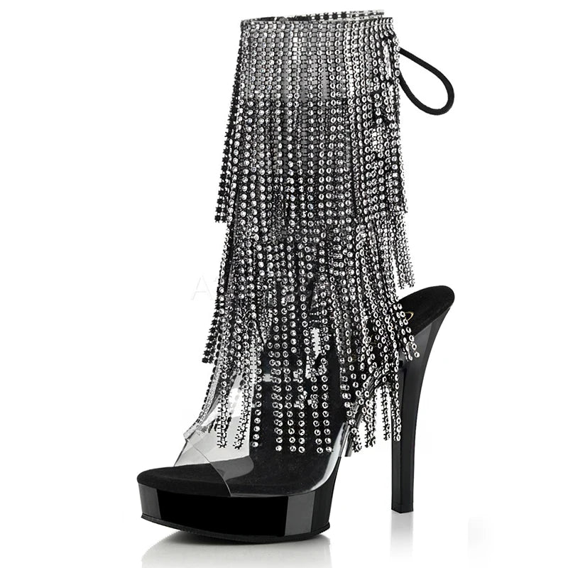 13cm Platform Open Toe Ultra-high Heel Rhinestone Fringe Boots Pole Dance Women's Boots Fashion Stripper Walk Lacing Gladiator