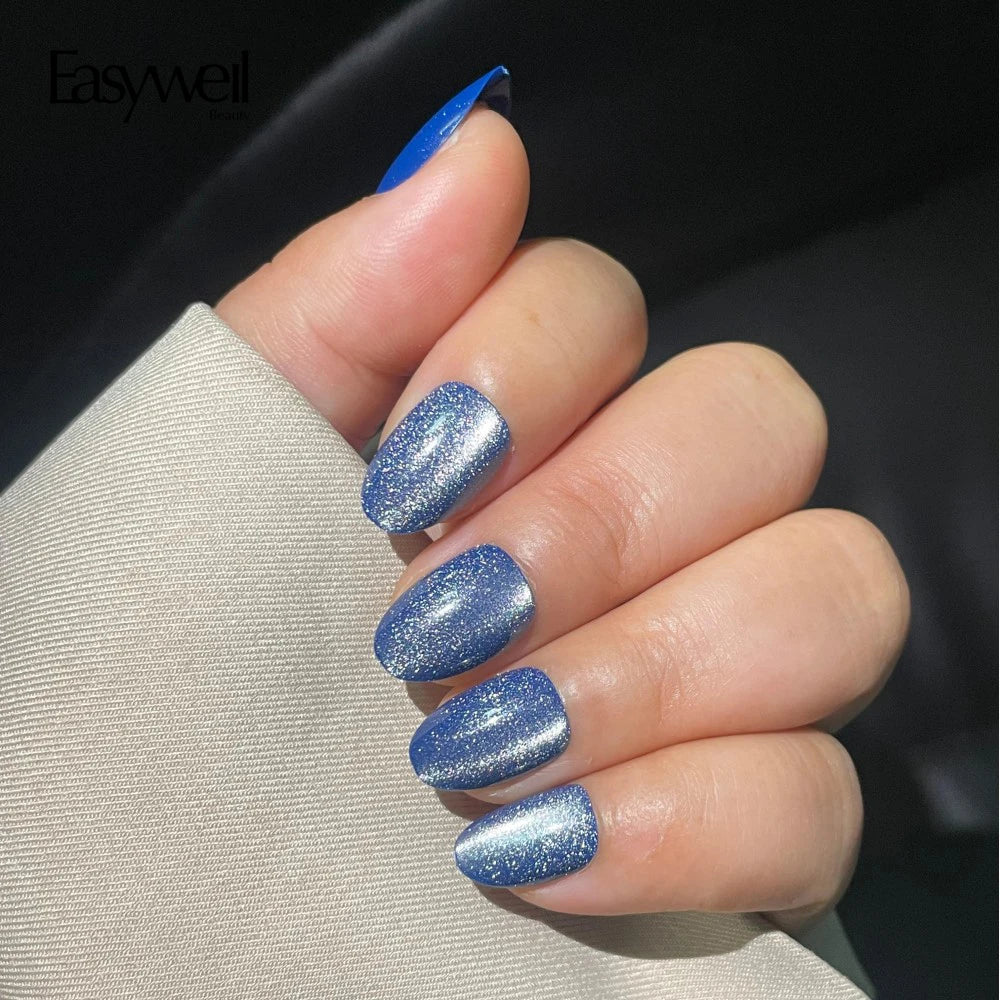 Easywell Hot Selling 30pcs Private Soft Acrylic Gel Custom Blue cat Eye False Nail Beauty Product Wholesale Stick on Nails Press