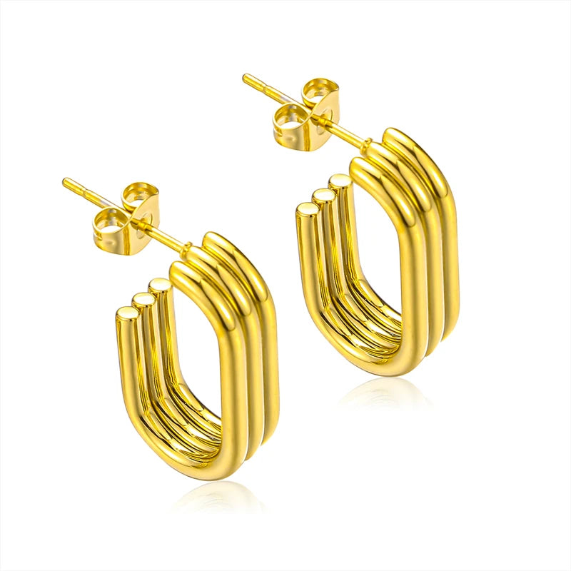 Lady's Gold Plated Stainless Steel Ear Ornaments Abreast Pipe Design Studio Style Geometric Hoop Earrings