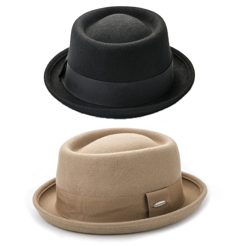 Black Top Hats Man British Retro Jazz Ribbon Panama Gangsters Caps Gentlemen Vintage Hat Men Wide Brim Wool Felt Fedora Hat