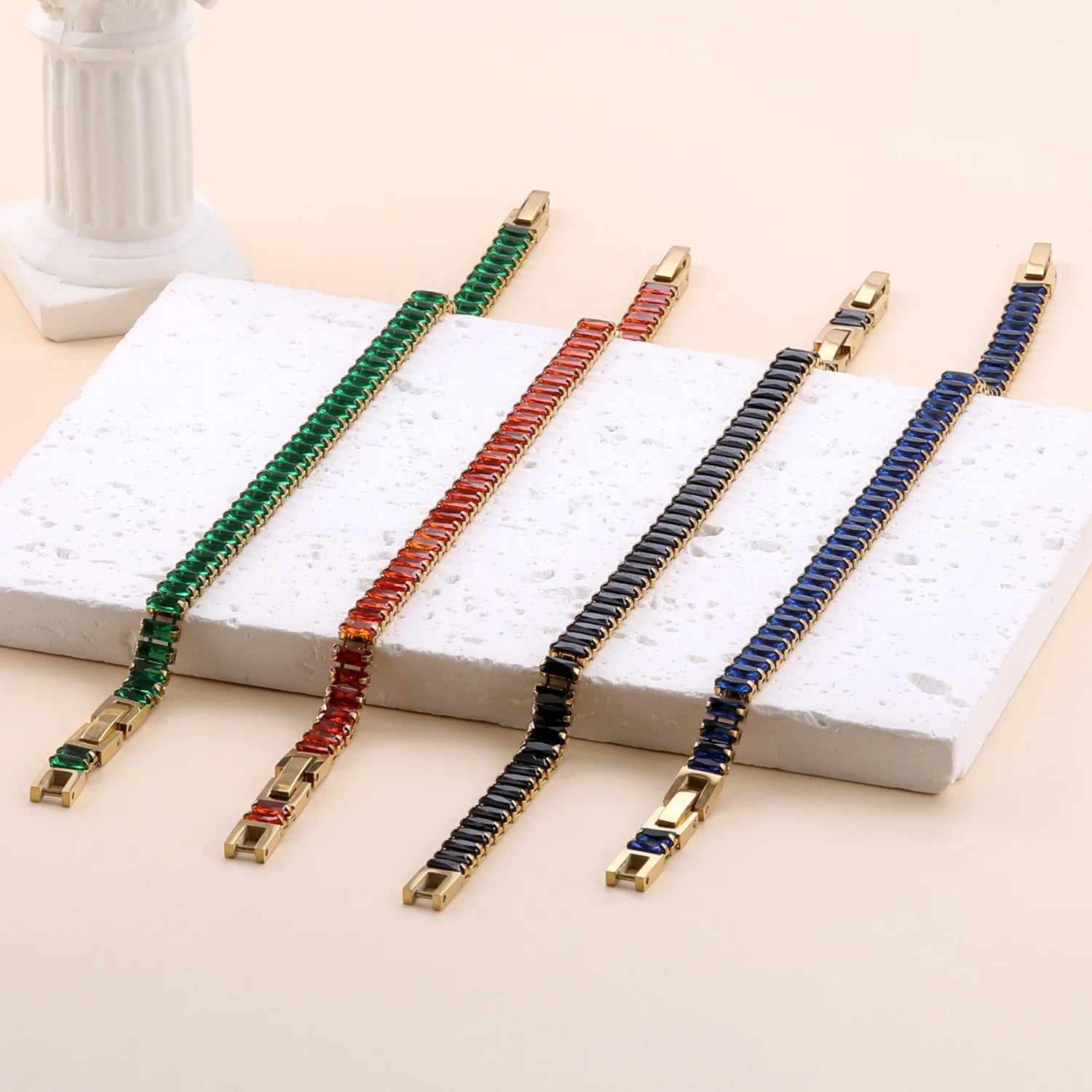 Customizable Wholesale Women Jewelry Stainless Steel Bangles&Bracelet Colorful Baguette CZ Cubic Zirconia Tennis Bracelet