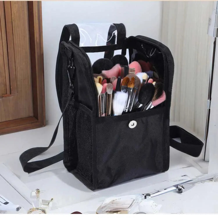 Qetesh Clear Makeup Brush Holder Custom Logo Large Capacity Portable Travel Multi-functional Cosmetic Bag with Adjustable Strap
