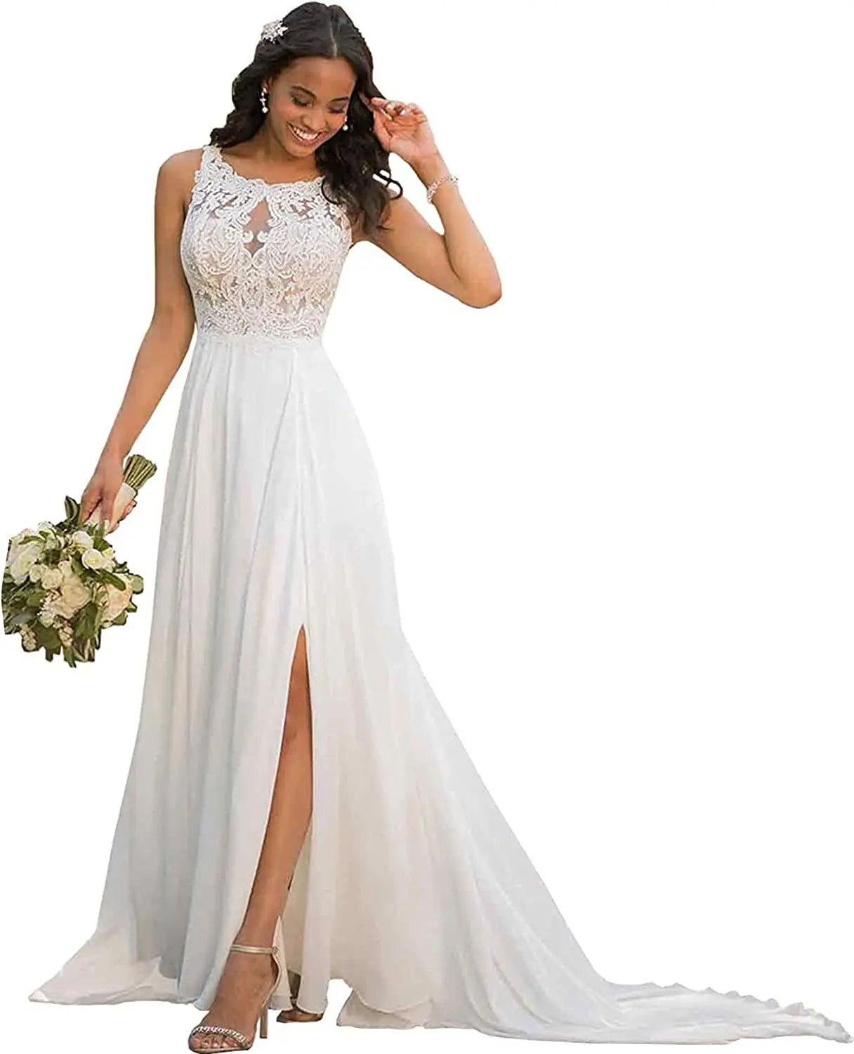S1060T Elegant Custom-Made Bohemian Mermaid Wedding Gown Lace Ball Gown With Wrap Style Chapel Train and Pattern Decoration