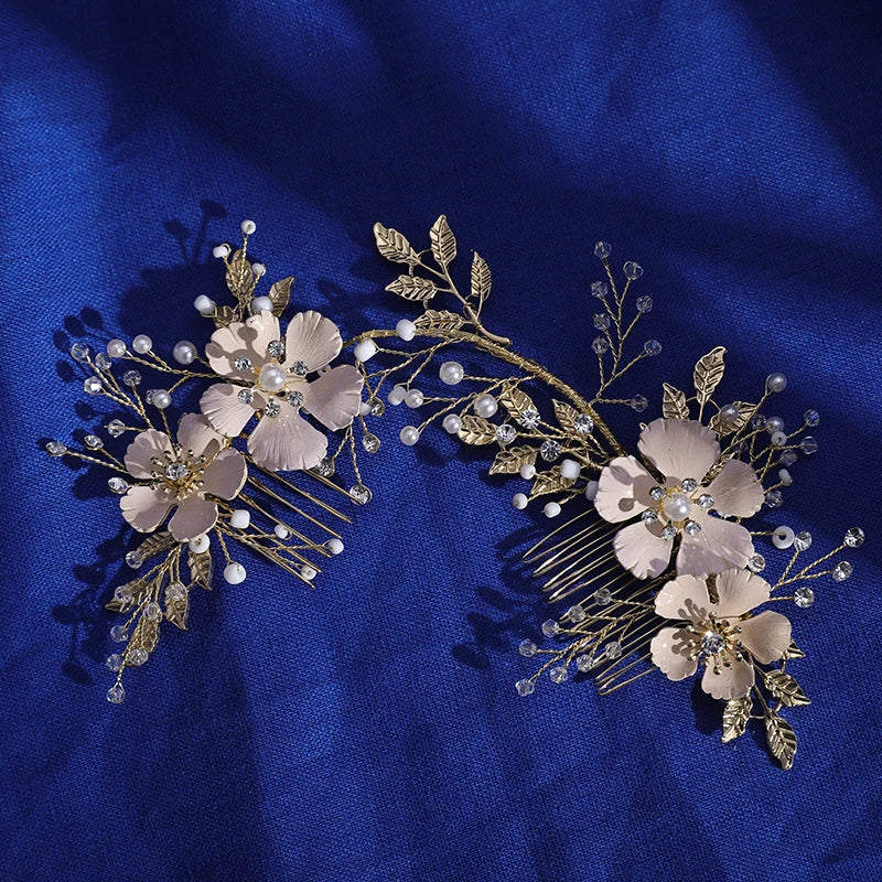 Vintage KC Gold Alloy Flower Bridal Hair Combs Bridesmaids Headdress Pearls Crystal Rhinestone Prom Anniversary Wedding