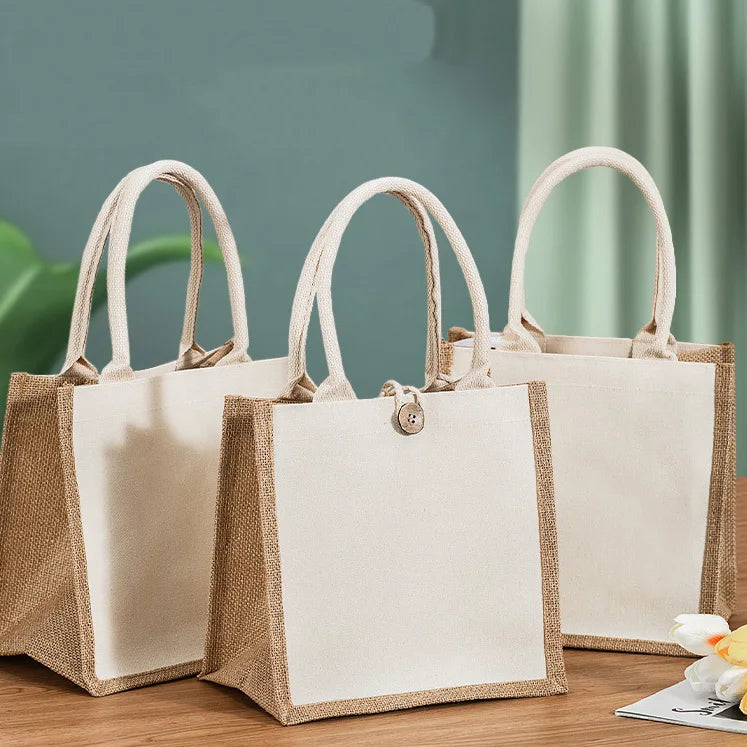 Custom Printed Logo Jute Tote Bag with Shoulder Strap for Grocery Shopping Promotional Plain Shopping Bags