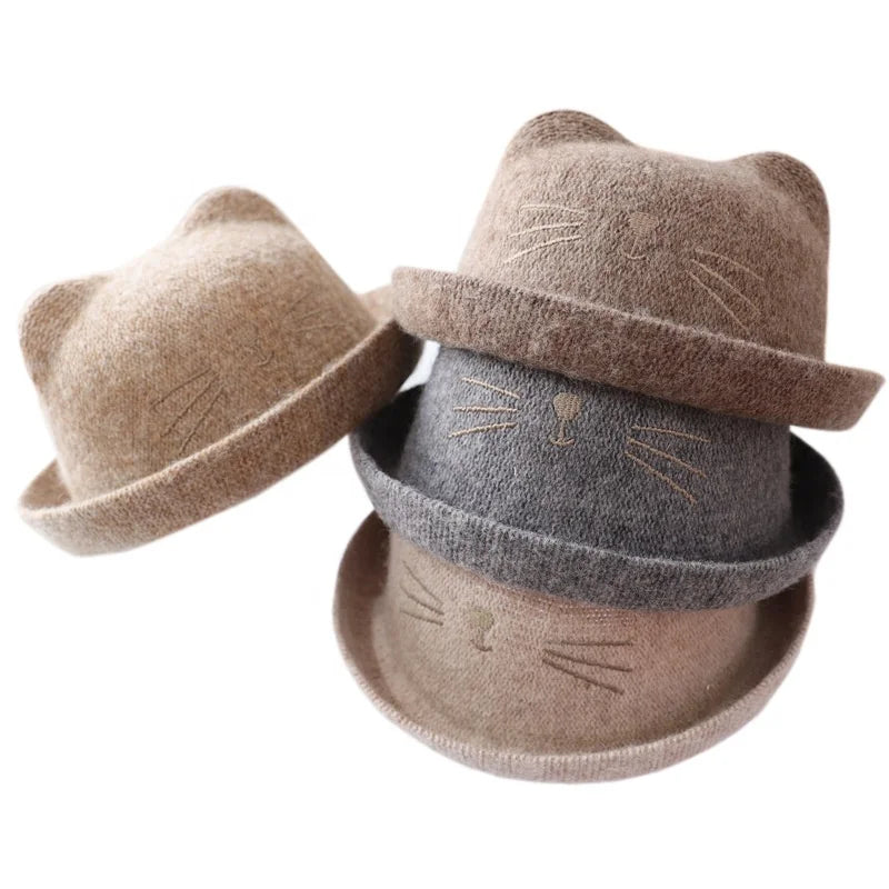 WD-A59 Bowler Hat Cute Derby Fedora Caps Bucket Hat Party Cat Ear Wool With Roll-up Brim for Youth Unisex Babies WH 1-2YRS