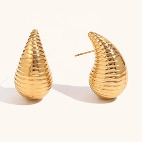 Dingran Hot Selling Style Hollow Threaded Water Drop Earrings 18K Gold Plated Stainless Steel Jewelry for Women