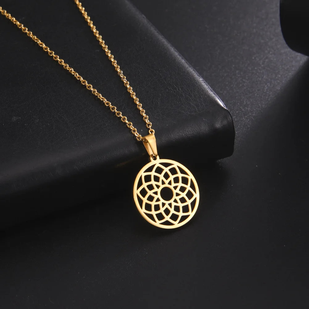 New Fashion Gold Plated Stainless Steel Hollow Circle Lotus Flower Necklace for Women