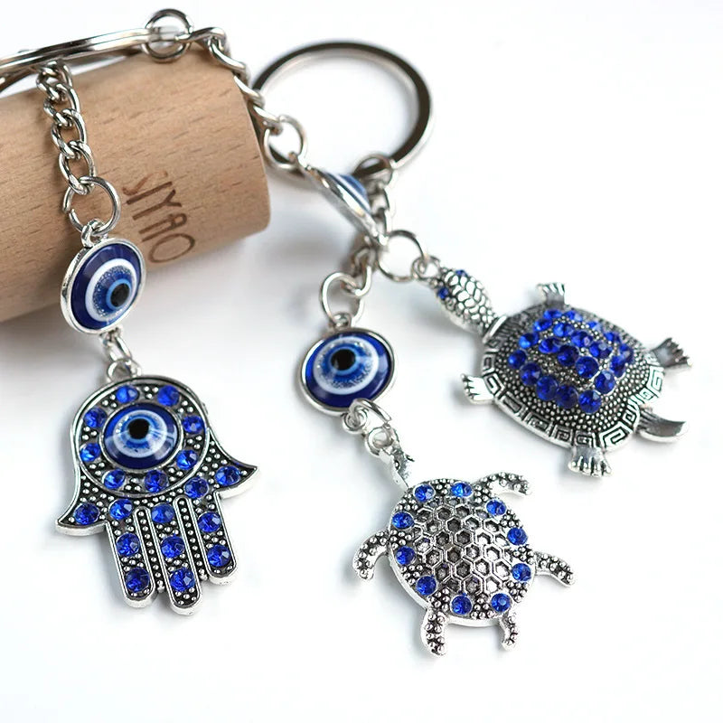 Statement Evil Devil Eye Keychain for Women Men Turkey Greece Metal Keychain Cartoon Blue Eyes Sea Turtle Palm Keychain