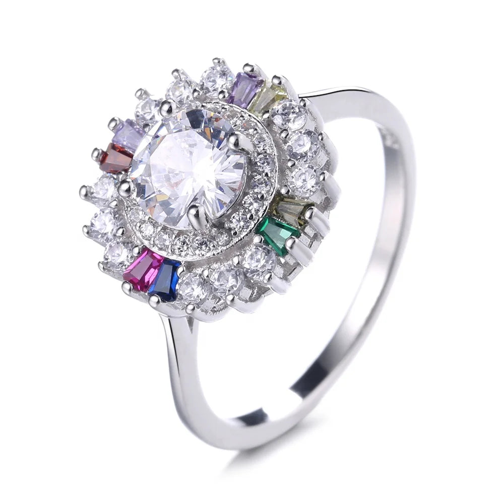 Sterling Silver Multicolor Cubic Zirconia CZ Wedding Colorful Crystal Floral Engagement Ring for Couples