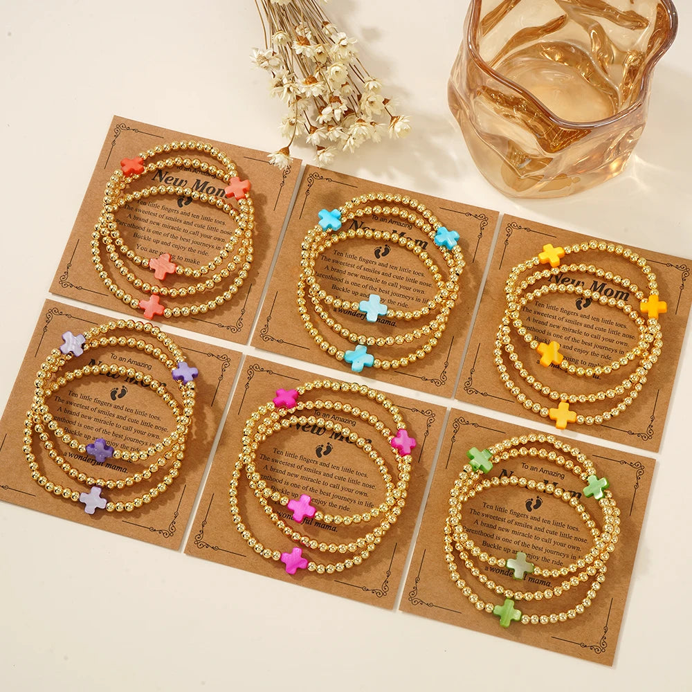 Go2boho 3pcs Colorful Cross Bead Bracelet Set with Gold Beads Adjustable Friendship Bracelets for Women Summer Waterproof