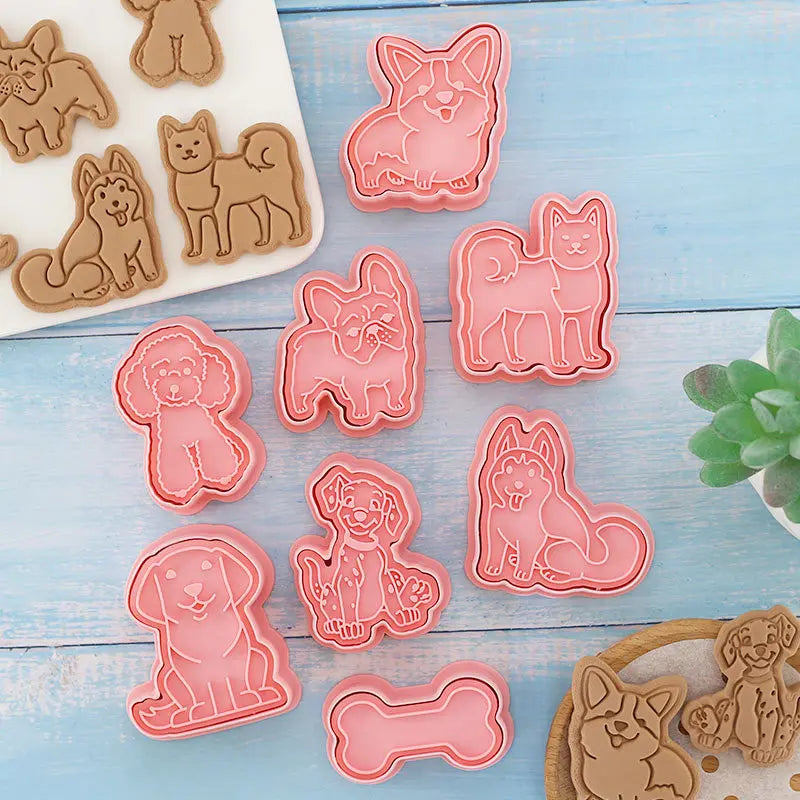 8-Piece Puppy Biscuit Mold Set Bone Teddy Cartoon Stereo Cookie Cutting Die Plastic Steel DIY Sugar Baking Tool Bag Packaging