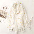 White Cotton Square Scarf with Gilded Stars Print Big Size Beach Shawl for Spring Season