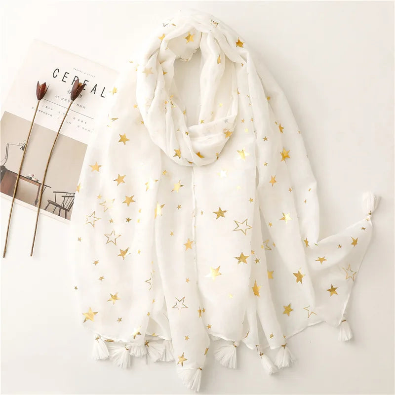 White Cotton Square Scarf with Gilded Stars Print Big Size Beach Shawl for Spring Season