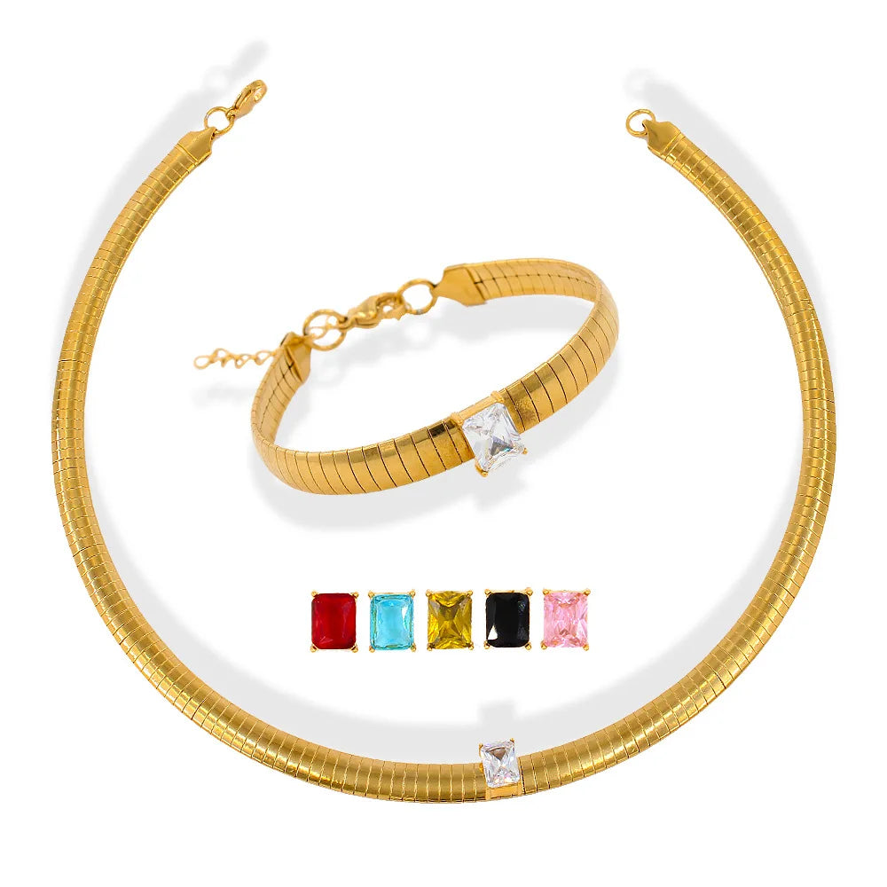 Fashion No Tarnish 18k Gold Plated Stainless Steel Multicolor Zircon Bracelet Necklace Jewelry Set for Woman