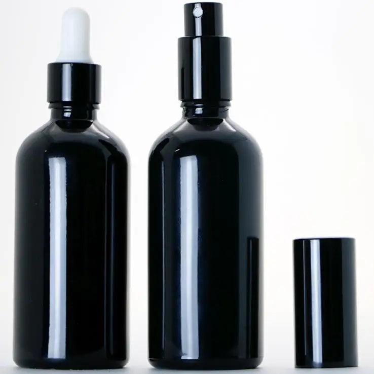 In Stock 100ml Glossy/shiny Black Glass Pump Spray Bottles for Cosmetics Serum