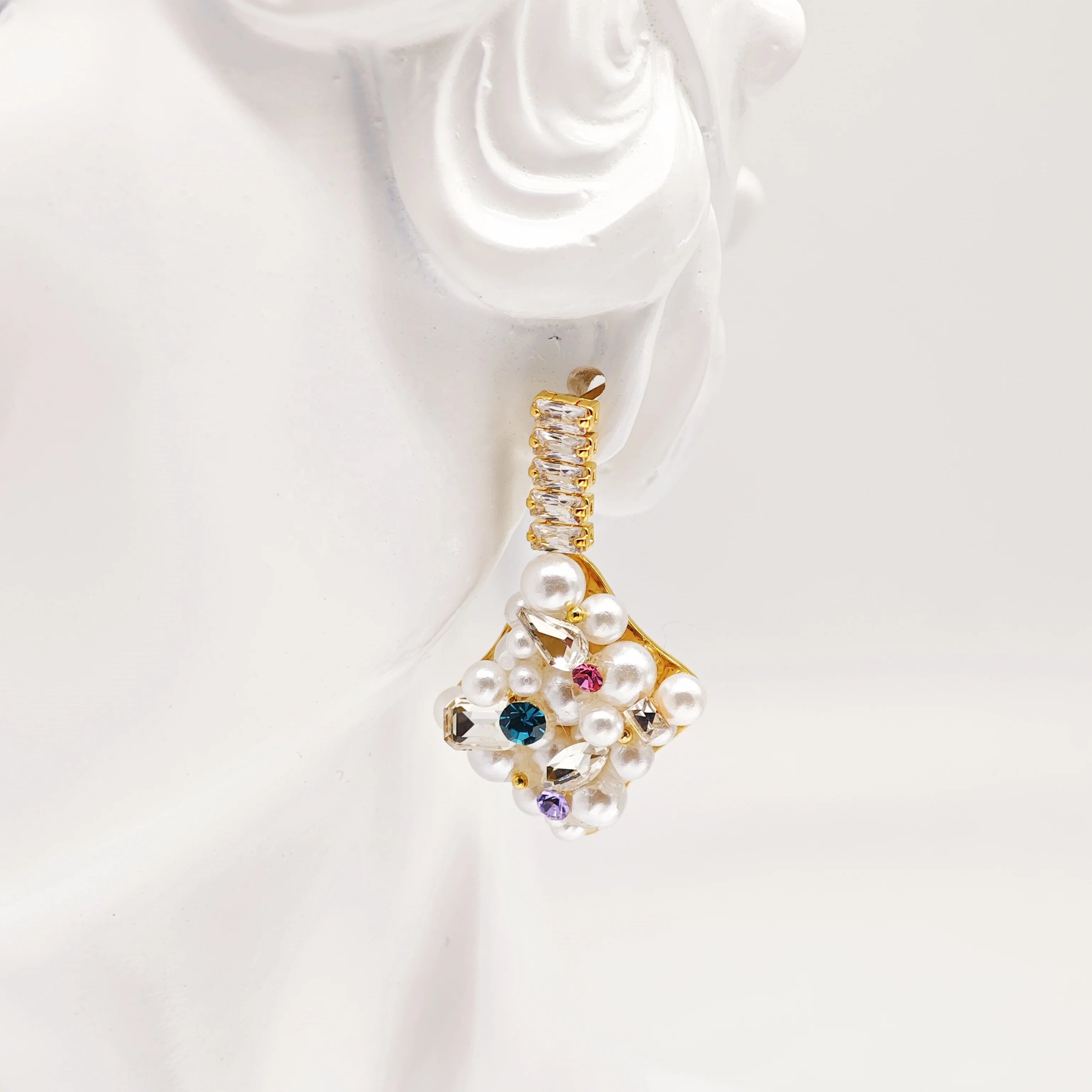 Ilona Vintage Zircon Pearl MultiColor Drop Earrings 18K Gold Plated Copper Fashion Statement Studs Elegant Evening Party Jewelry