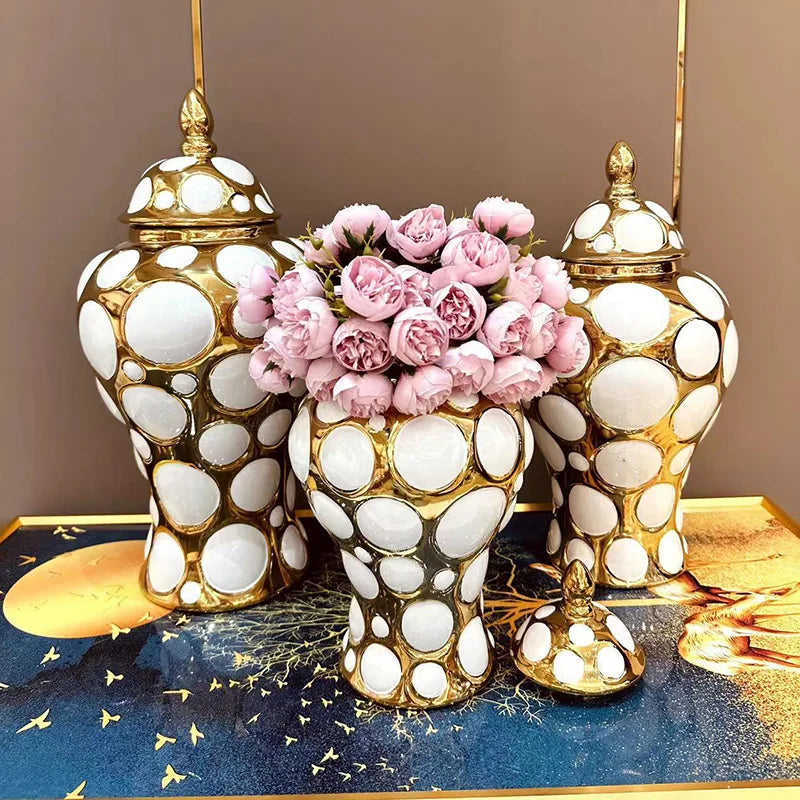 Luxury 3-Piece White Gold Ceramic Ginger Jar Set Small Porcelain Flower Vase Jars Home Office Display Modern Wedding Application