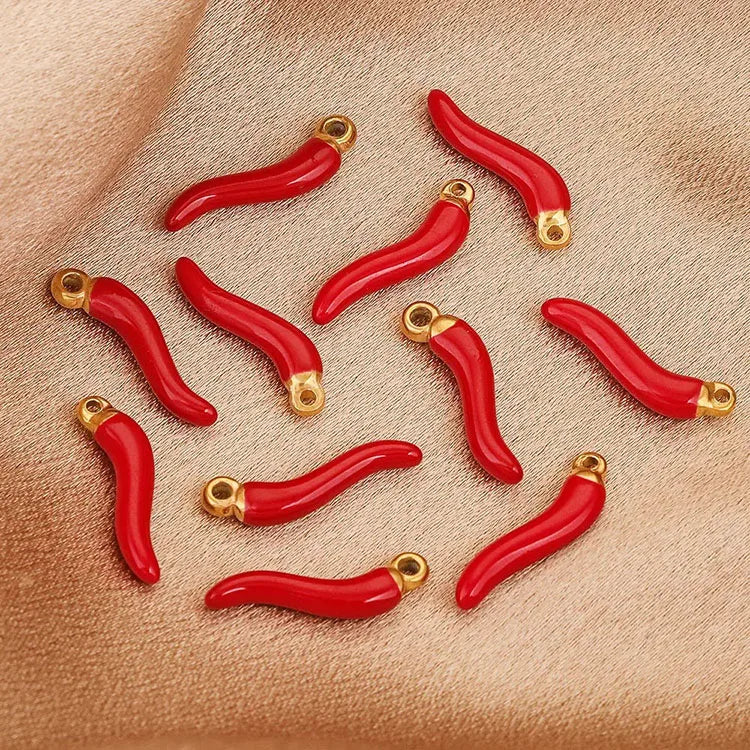 SP1042 Non Tarnish Mini Small Gold Plated Stainless Steel Cornicello Italian Horn Enamel Red Hot Chilli Pepper Charms Pendant