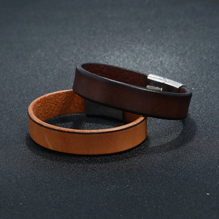 Punk Style Stainless Steel Magnetic Buckle Men Vintage Plain Wristband Real Genuine Cow Leather Bracelet Jewelry