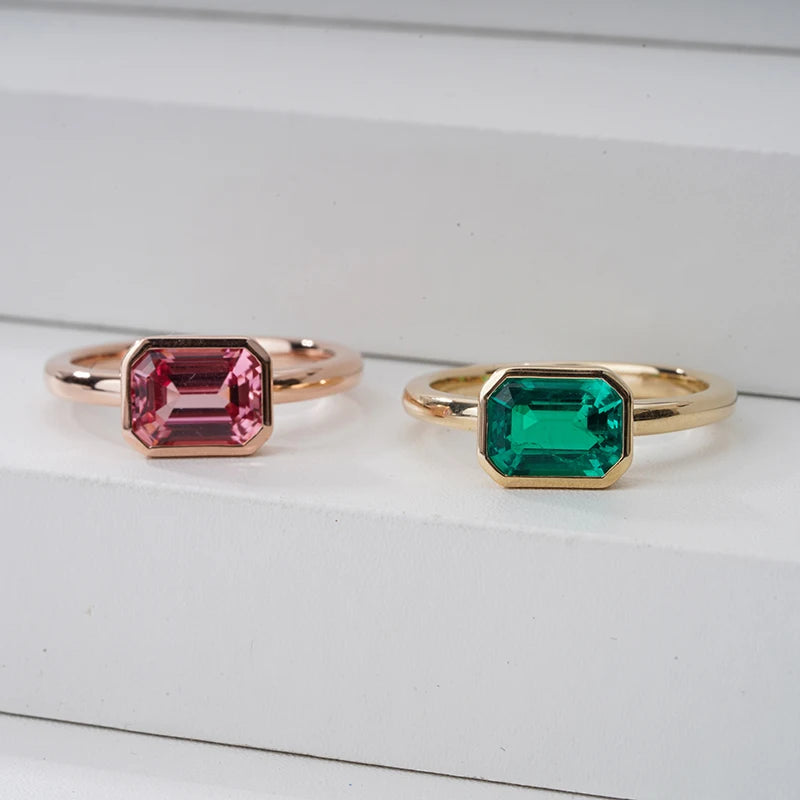 Starsgem Fine Jewelry Rings Bezel Set Solitaire Diamond Lab Emerald Sapphire Moissanite 14K Solid Gold Ring