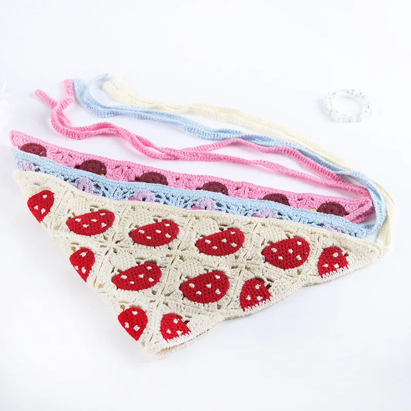 Autumn Winter Women's Versatile Retro Simple Hair Hoop Woven Crochet Triangle Scarf Headband with Wide Brimmed Band