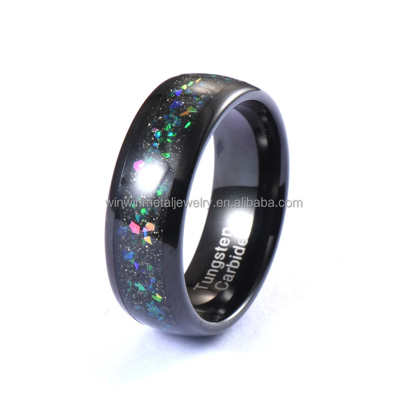 8mm Nebula Galaxy Inlay Tungsten Wedding Band Comfort Fit Black Domed Trendy for Men/Women Engagement/Party Jewelry