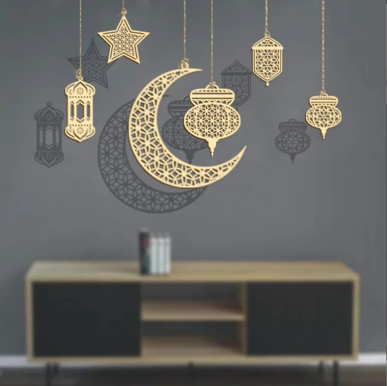 Eco-Friendly Muslim Eid Wooden Pendant Star Moon Hanger Decorations