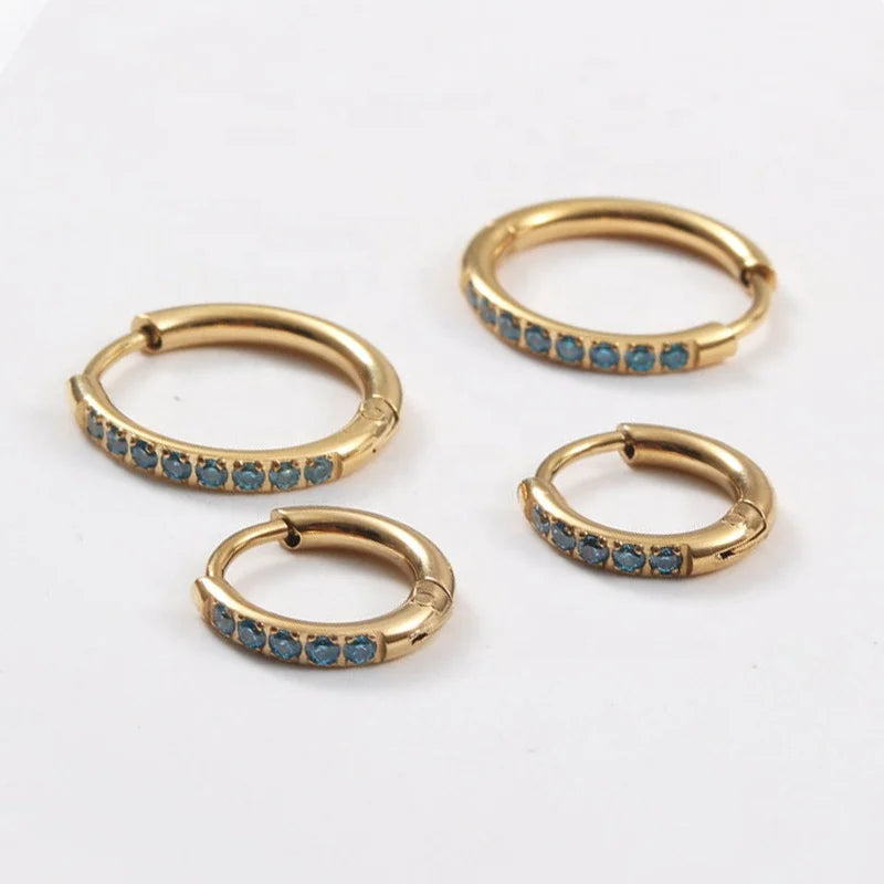 12mm 16mm Luxury Women Earrings CNC Prong Sea Blue Cubic Zirconia Setting Stainless Steel Hoop Fine Jewelry Earrings
