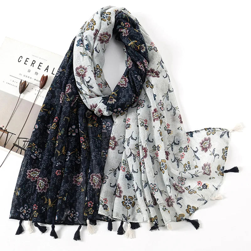 2024 Spain Floral Daisy Tassel Shawl Viscose and Polyester Soft Pashmina Lady Snood Wrap Boho Bufandas Scarf Print