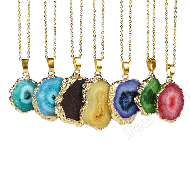 Natural Druzy Agate Slice Freeform Crystals Stone Necklace Pink Blue Yellow Green Agate Gemstone NECKLACES